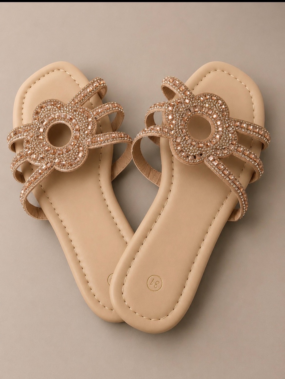Embellished Flower Slide Sandals - Nude